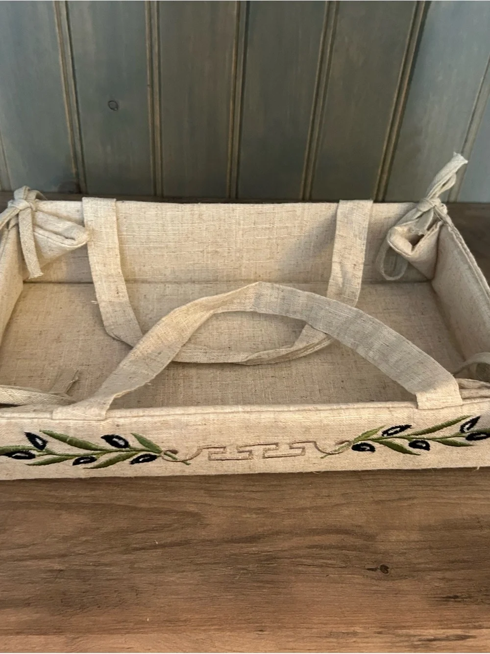 Neutral Embroidered Linen Tray with Olive Leaf Accent